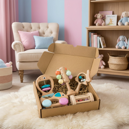 Baby Geschenkset aus Holz – Rassel- & Musikspielzeug für Neugeborene