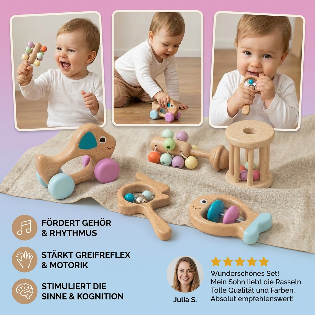 Baby Geschenkset aus Holz – Rassel- & Musikspielzeug für Neugeborene