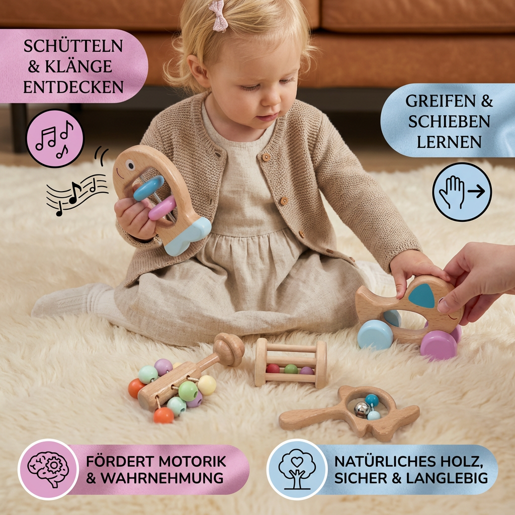 Baby Geschenkset aus Holz – Rassel- & Musikspielzeug für Neugeborene