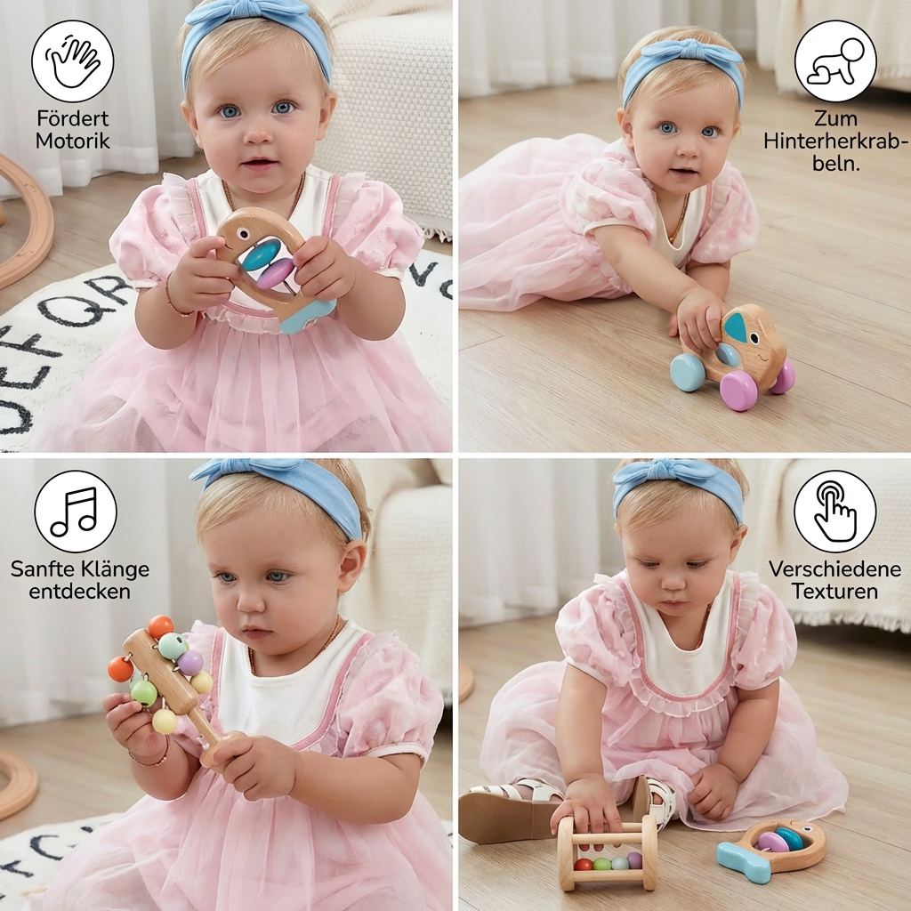 Baby Geschenkset aus Holz – Rassel- & Musikspielzeug für Neugeborene