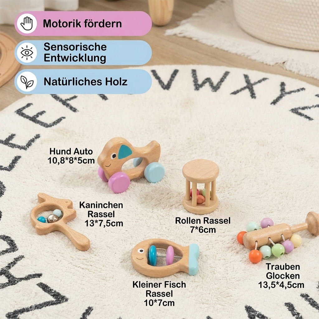 Baby Geschenkset aus Holz – Rassel- & Musikspielzeug für Neugeborene