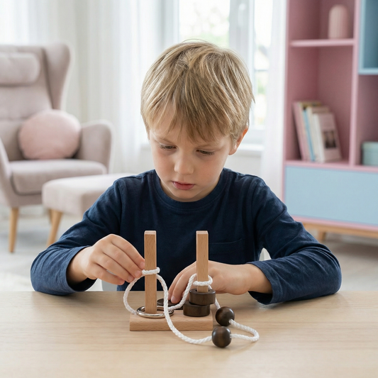 Handgemachtes Holz-IQ-Puzzle mit Seil – Denkspiel für die ganze Familie