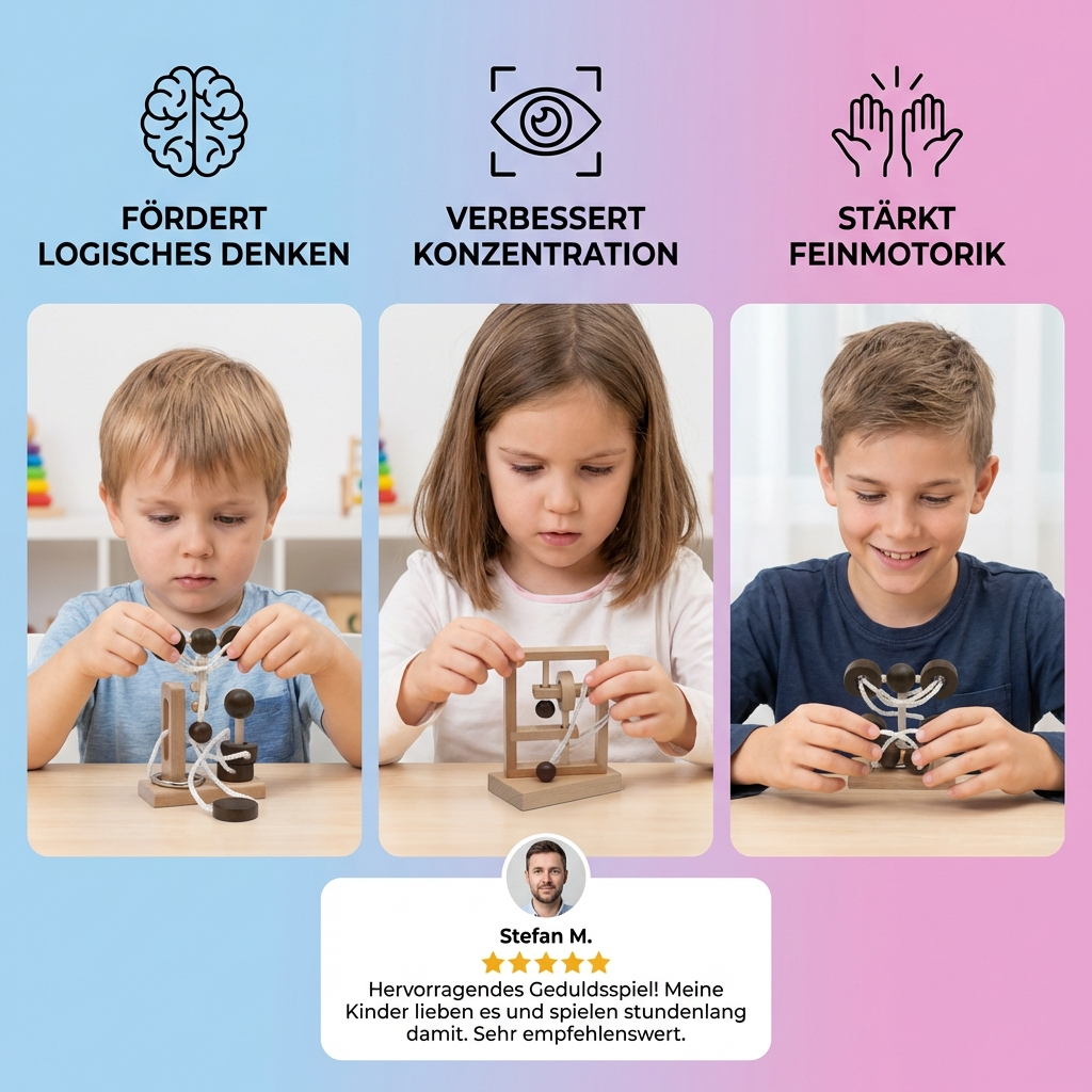 Handgemachtes Holz-IQ-Puzzle mit Seil – Denkspiel für die ganze Familie