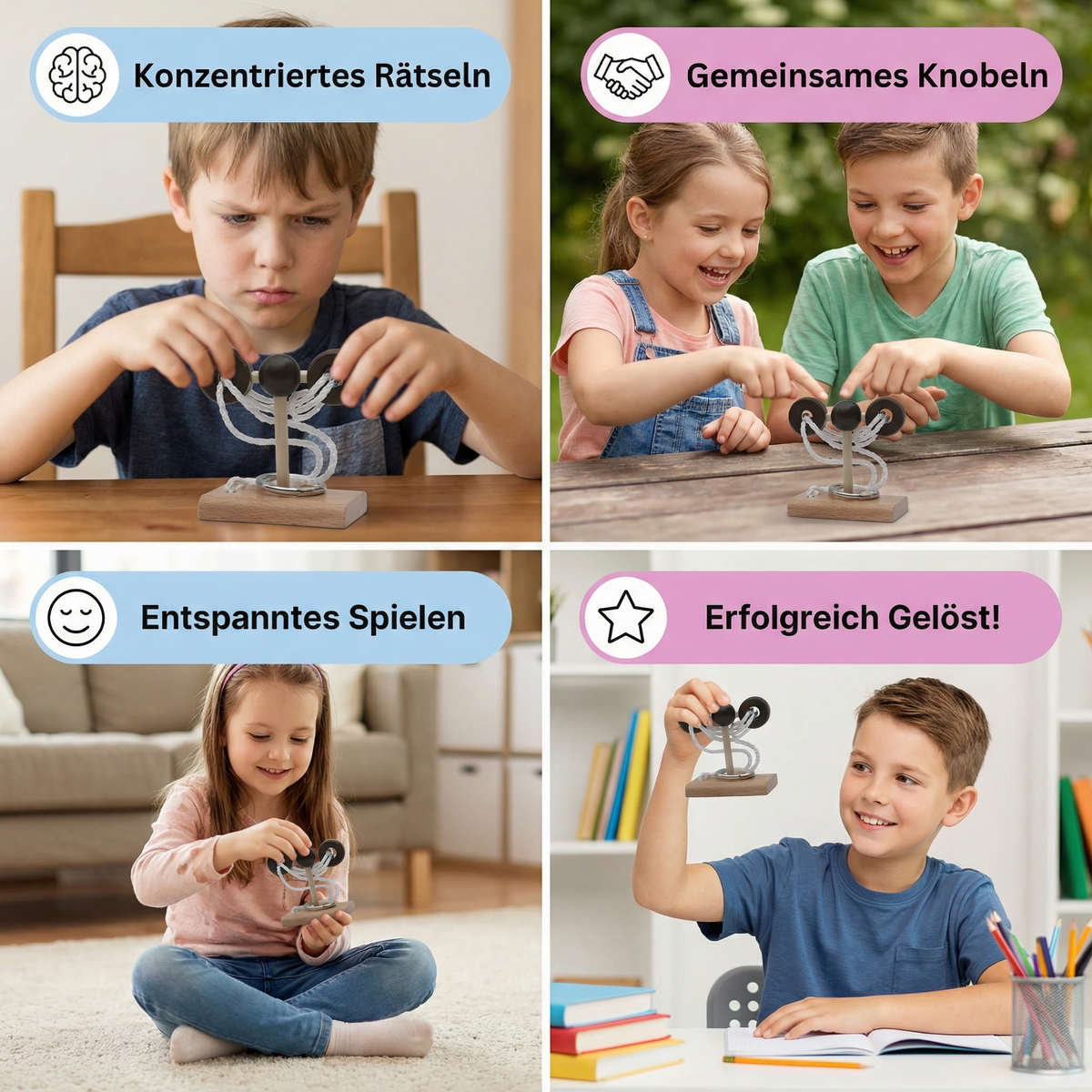 Handgemachtes Holz-IQ-Puzzle mit Seil – Denkspiel für die ganze Familie