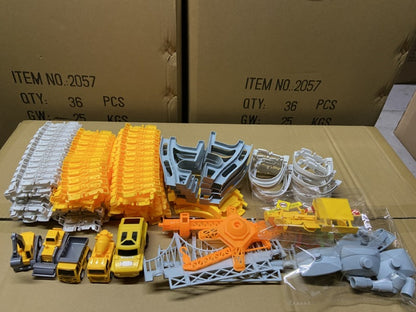 Baustellenfahrzeug-Rennstrecken-Spielset mit Brücke, Fahrzeugen & Verkehrsschildern