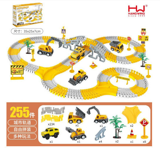 Baustellenfahrzeug-Rennstrecken-Spielset mit Brücke, Fahrzeugen & Verkehrsschildern