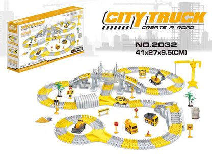 Baustellenfahrzeug-Rennstrecken-Spielset mit Brücke, Fahrzeugen & Verkehrsschildern