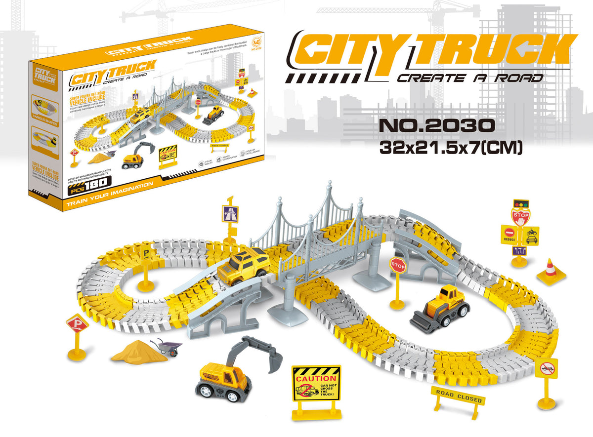 Baustellenfahrzeug-Rennstrecken-Spielset mit Brücke, Fahrzeugen & Verkehrsschildern