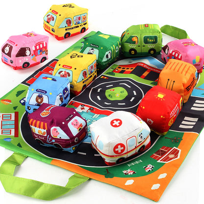 2in1 Sensorische Plüsch Spielzeug Autos mit Straßenmatte und Tasche für Unterwegs