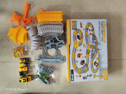 Baustellenfahrzeug-Rennstrecken-Spielset mit Brücke, Fahrzeugen & Verkehrsschildern