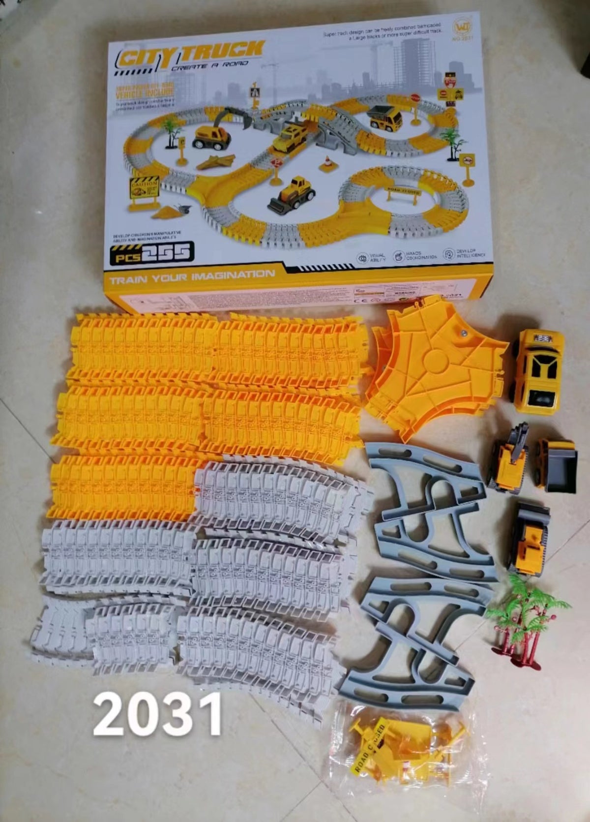 Baustellenfahrzeug-Rennstrecken-Spielset mit Brücke, Fahrzeugen & Verkehrsschildern