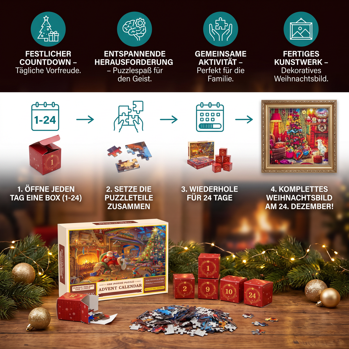 Weihnachts-Puzzle-Adventskalender – 24-Tage-Countdown-Set mit 1008 Teilen