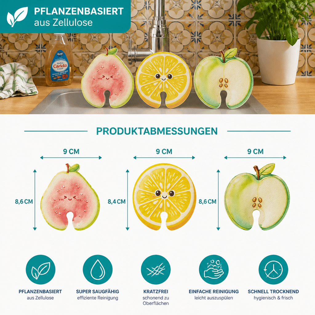 Fruchtförmige aufquellende Zelluloseschwämme – 3er-Pack pflanzenbasierte, kratzfreie Küchenschwämme