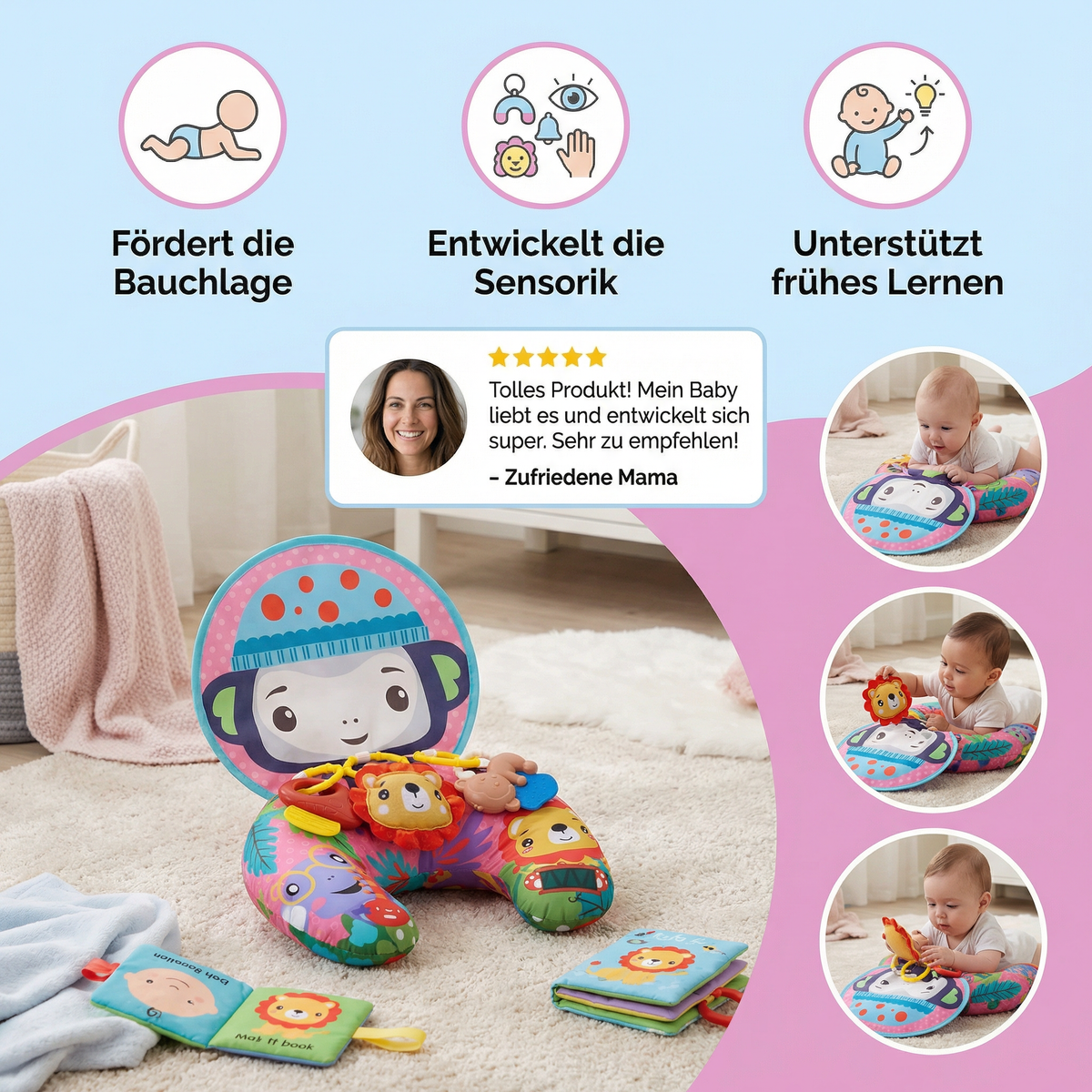 Baby Trainingskissen für Bauchlage mit Spielbogen – Fördert Sensorik & frühe Entwicklung