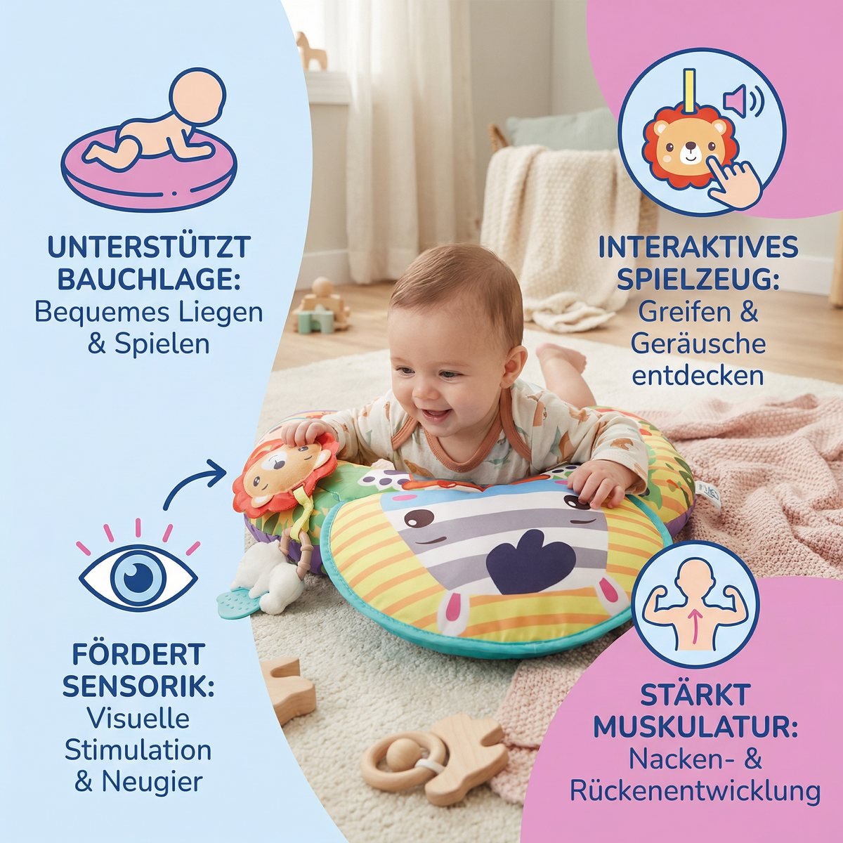 Baby Trainingskissen für Bauchlage mit Spielbogen – Fördert Sensorik & frühe Entwicklung