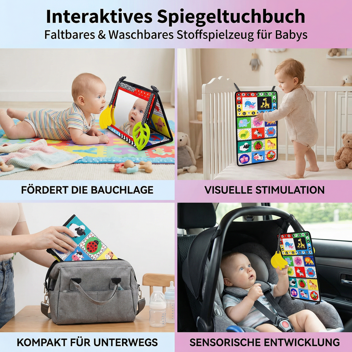Interaktives Spiegeltuchbuch - Faltbares & Waschbares Stoffspielzeug für Babys