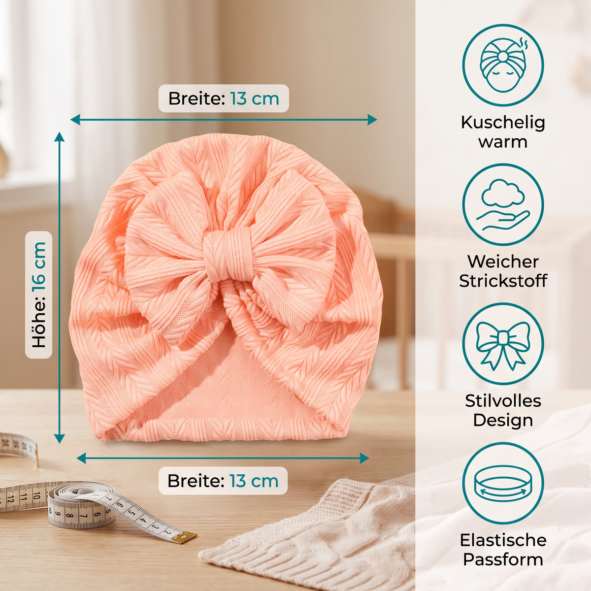 Geraffter Baby-Turban mit Schleife – Weiche Strickmütze für Neugeborene