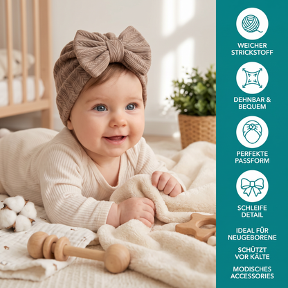 Geraffter Baby-Turban mit Schleife – Weiche Strickmütze für Neugeborene
