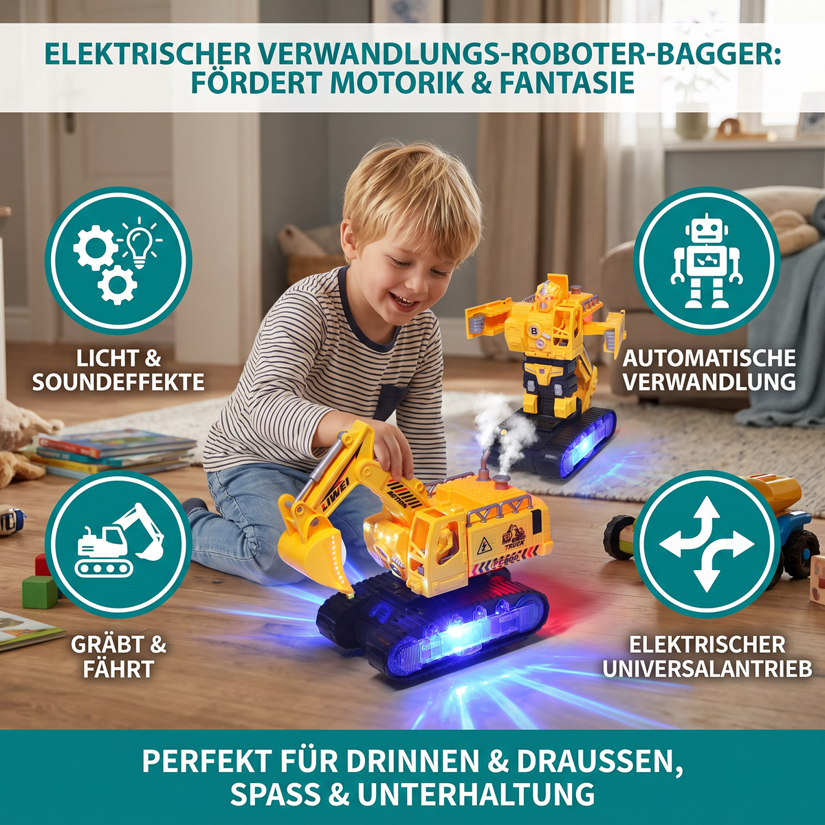 Elektrischer Verwandlungs-Roboter-Bagger mit Licht & Sound