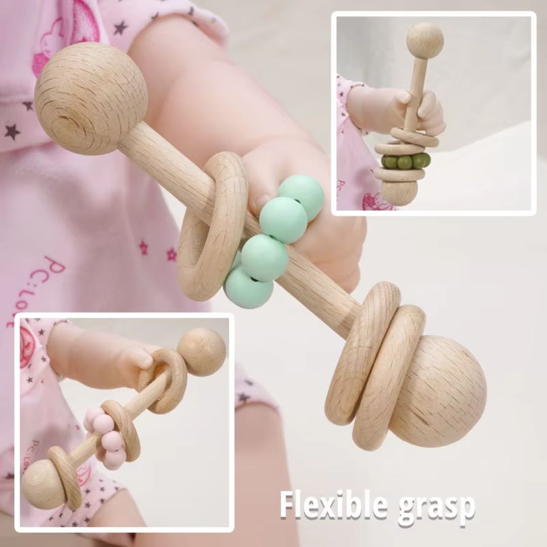 Baby Holzrassel mit Beißringen – Greifspielzeug zur Frühförderung & Zahnungshilfe