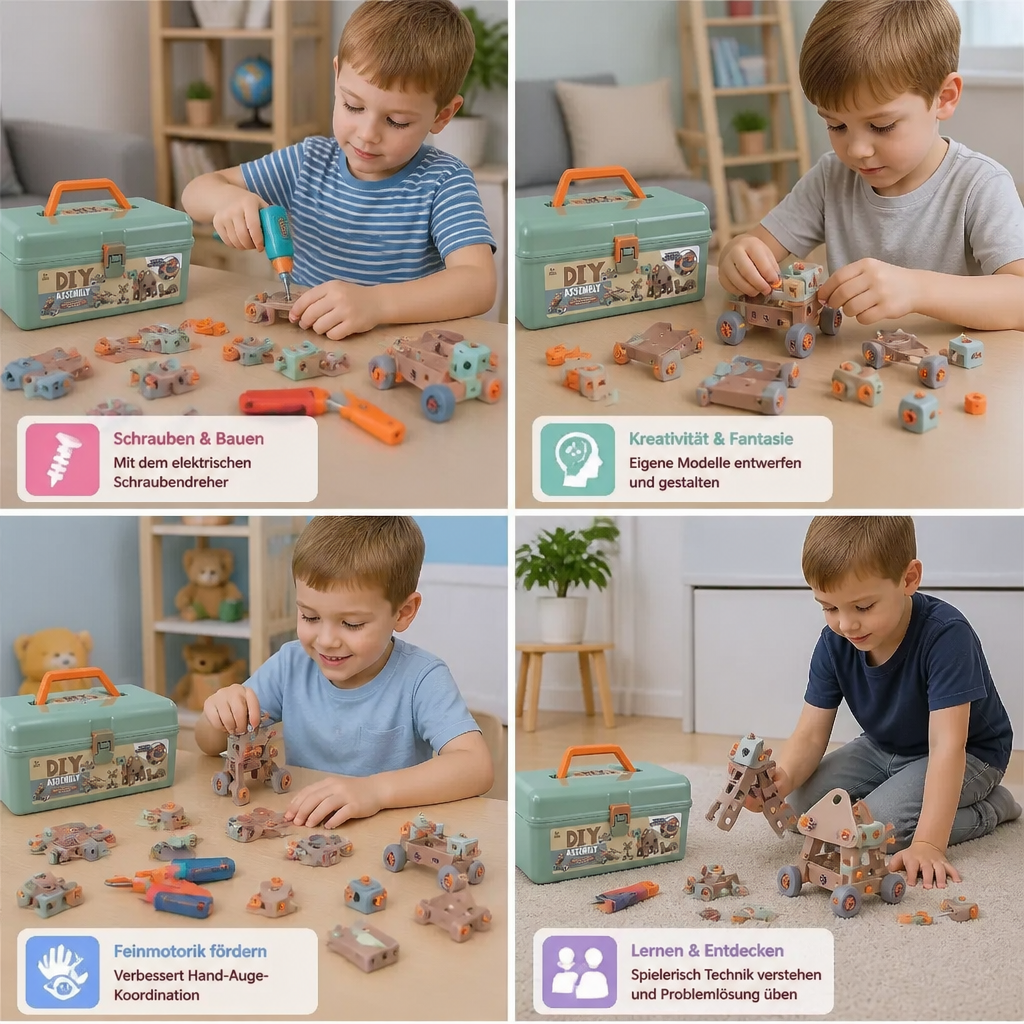 144-teiliges Kinder-Werkzeugset mit Bohrmaschine & Werkzeugkoffer – STEM Montessori-Bauset