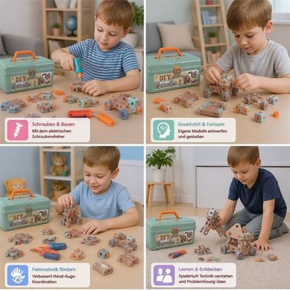 144-teiliges Kinder-Werkzeugset mit Bohrmaschine & Werkzeugkoffer – STEM Montessori-Bauset