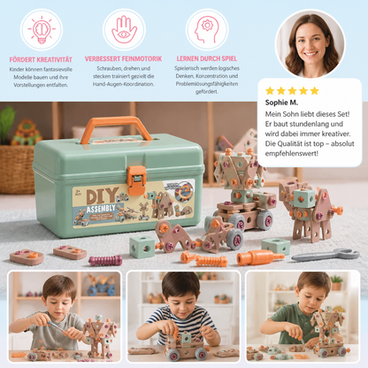 144-teiliges Kinder-Werkzeugset mit Bohrmaschine & Werkzeugkoffer – STEM Montessori-Bauset