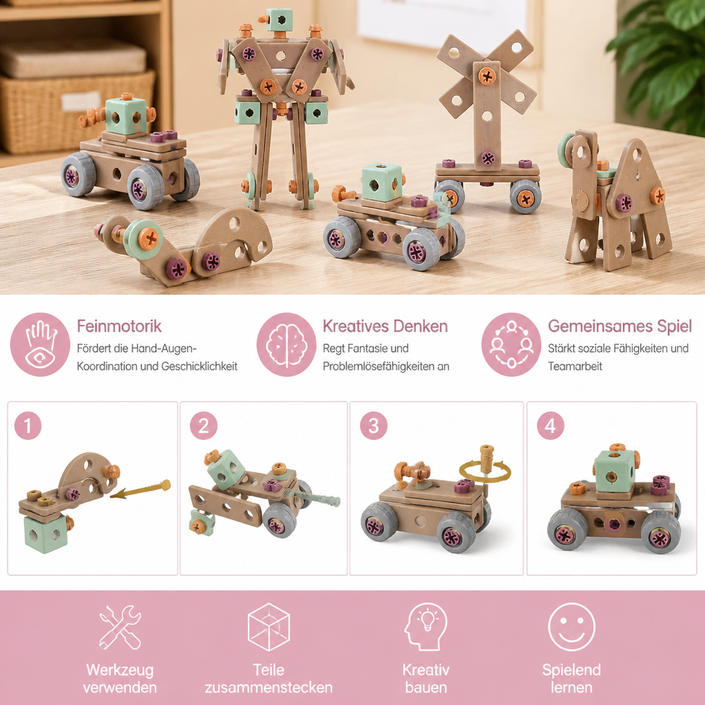 144-teiliges Kinder-Werkzeugset mit Bohrmaschine & Werkzeugkoffer – STEM Montessori-Bauset