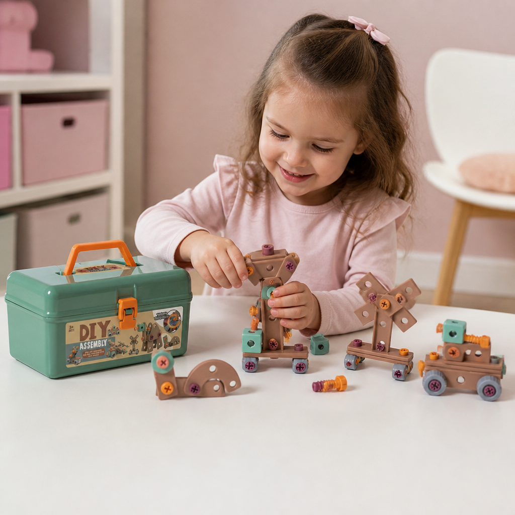 144-teiliges Kinder-Werkzeugset mit Bohrmaschine & Werkzeugkoffer – STEM Montessori-Bauset