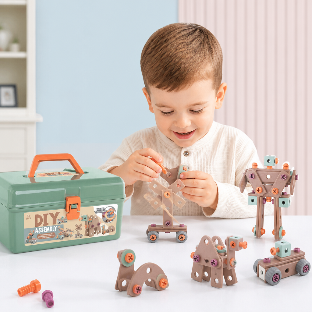 144-teiliges Kinder-Werkzeugset mit Bohrmaschine & Werkzeugkoffer – STEM Montessori-Bauset