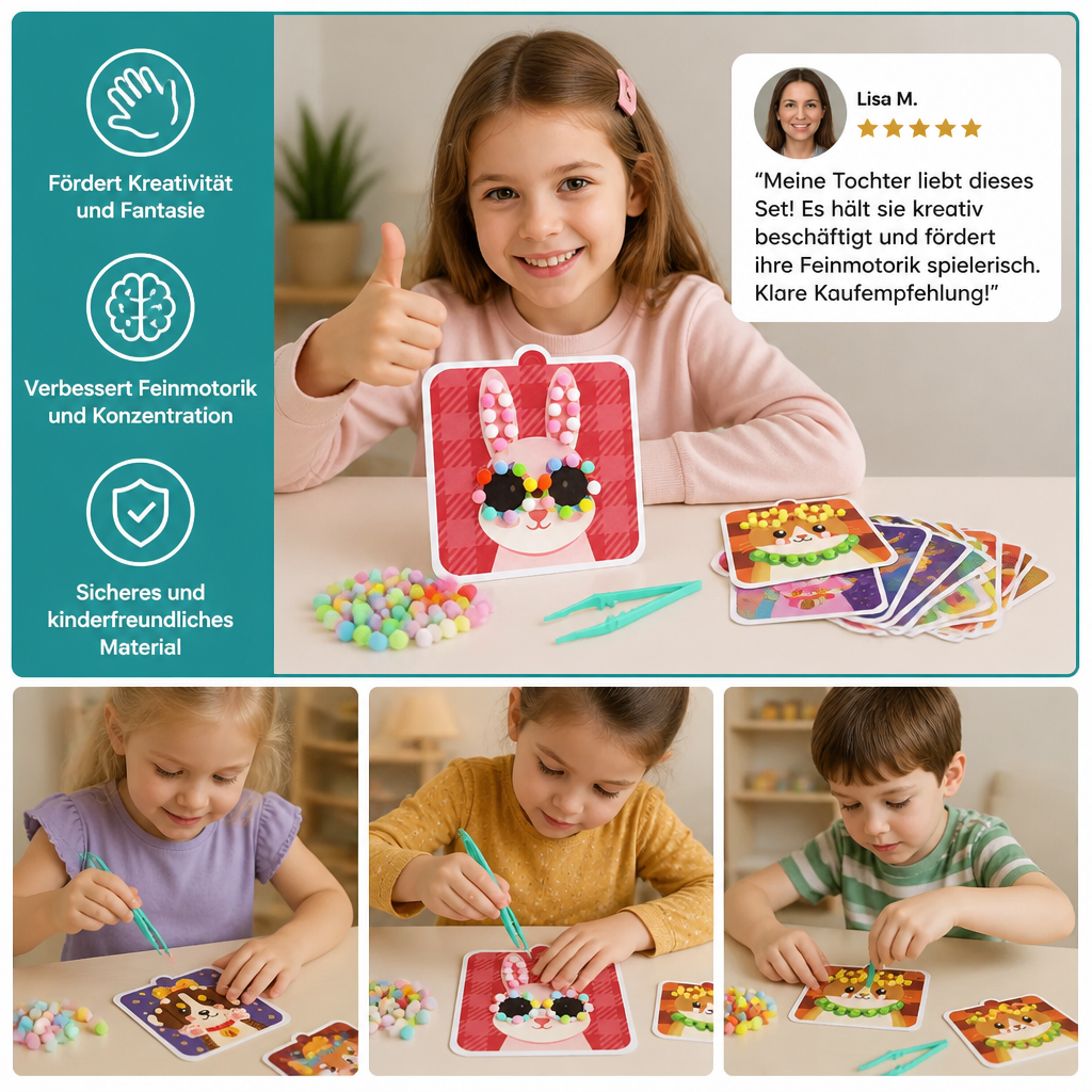 Flauschiges Pompon-Tier-Bastel- & Malset