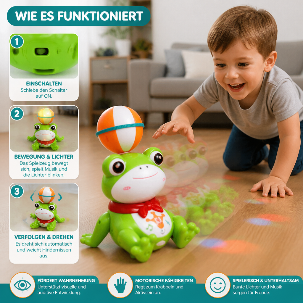 Interaktives Frosch-Balancierspielzeug mit Ball, Licht, Musik & 360°-Drehung