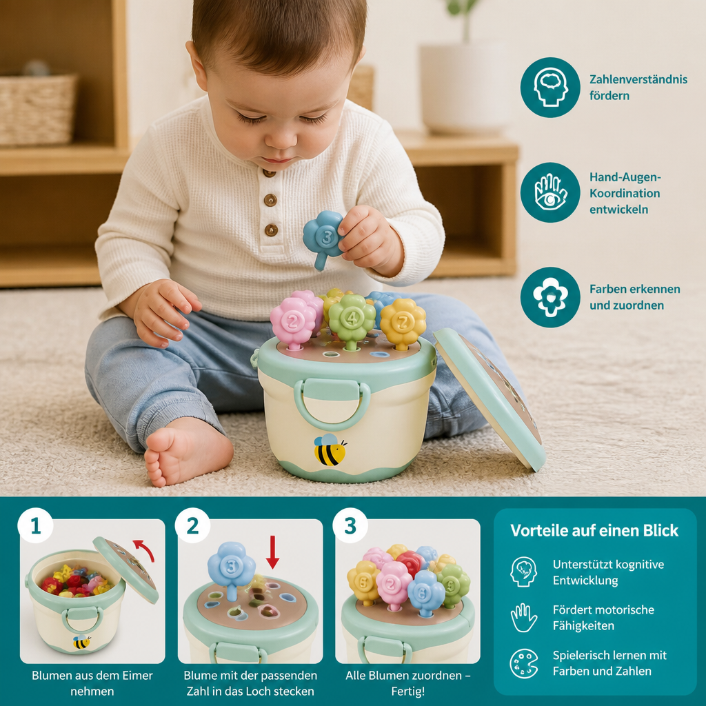 Montessori-Lernspiel mit Blumentopf zum Zuordnen von Farben & Zahlen