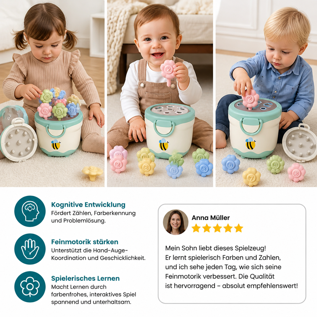 Montessori-Lernspiel mit Blumentopf zum Zuordnen von Farben & Zahlen