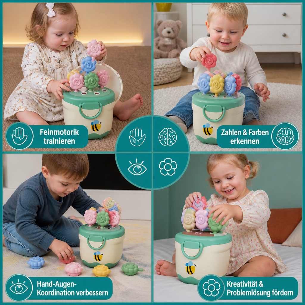 Montessori-Lernspiel mit Blumentopf zum Zuordnen von Farben & Zahlen