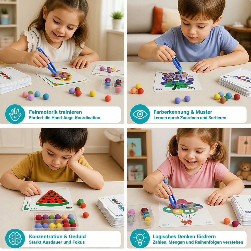 Montessori-Pompon-Lernspiel für Farben & Zahlen zur Förderung der Feinmotorik