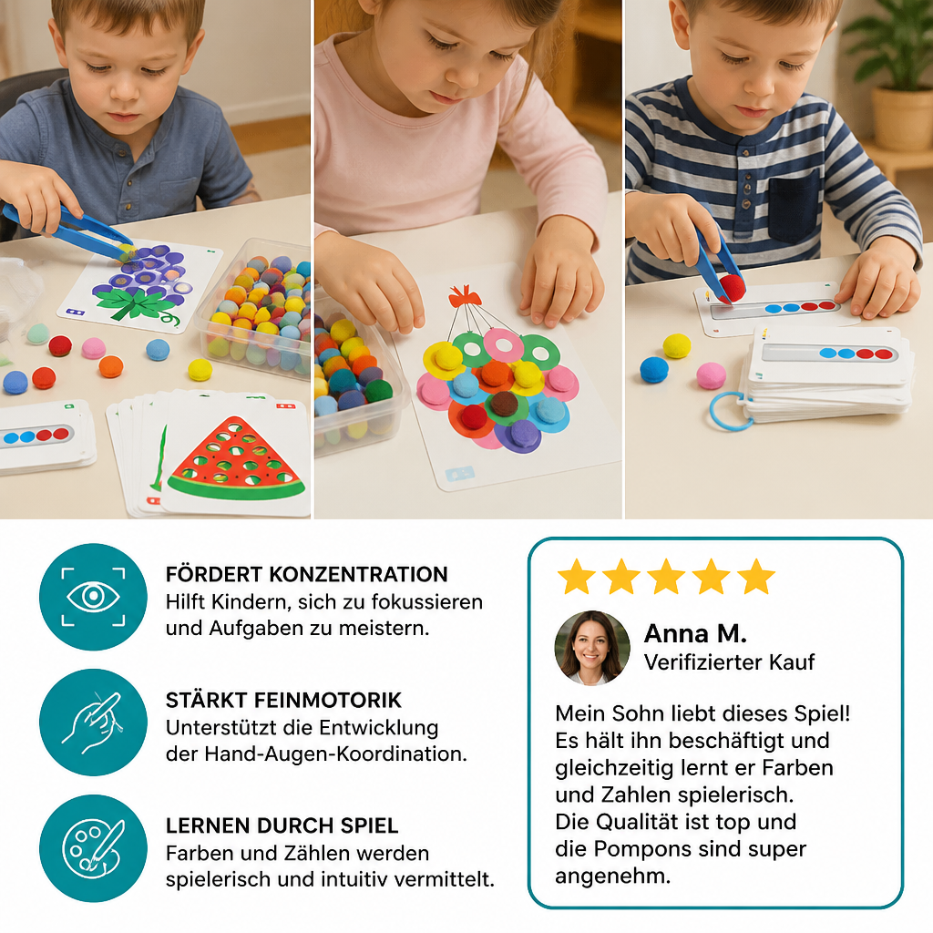 Montessori-Pompon-Lernspiel für Farben & Zahlen zur Förderung der Feinmotorik