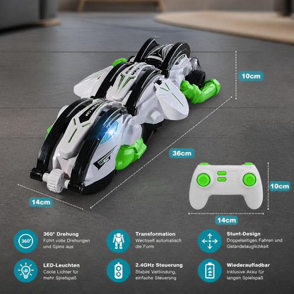 2-in-1 ferngesteuertes verwandelbares Stuntauto mit 360°-Drehung & LED-Lichtern