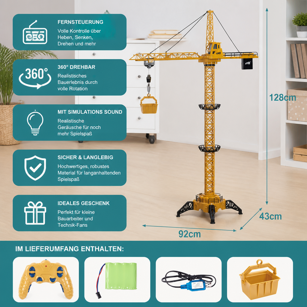 Ferngesteuerter Turmdrehkran – 360° drehbares Bauspielzeug mit Hebefunktion