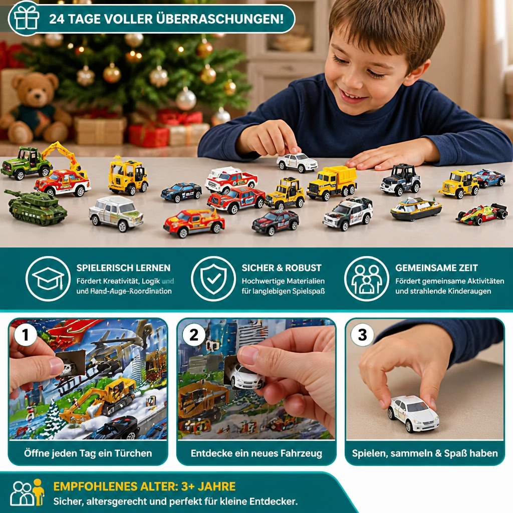 Weihnachts-Adventskalender mit Druckgussautos für Kinder