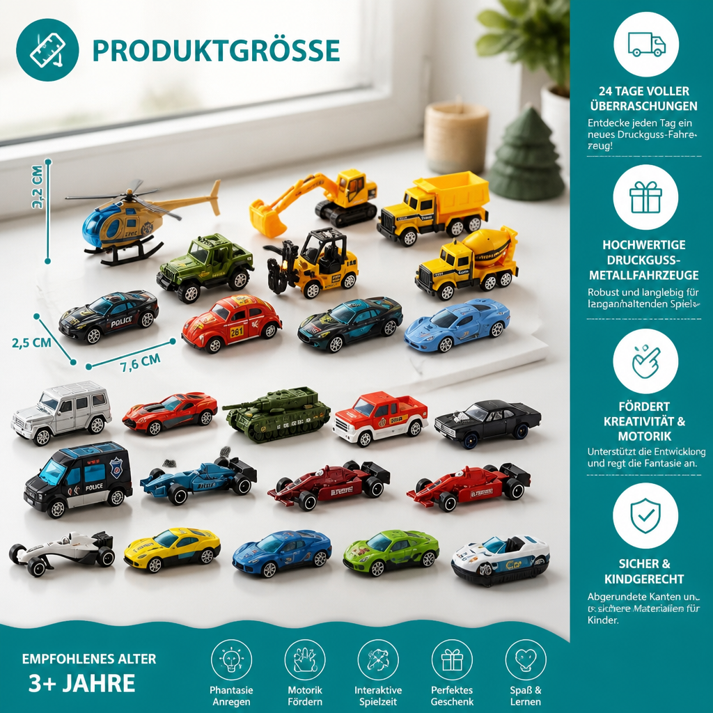 Weihnachts-Adventskalender mit Druckgussautos für Kinder