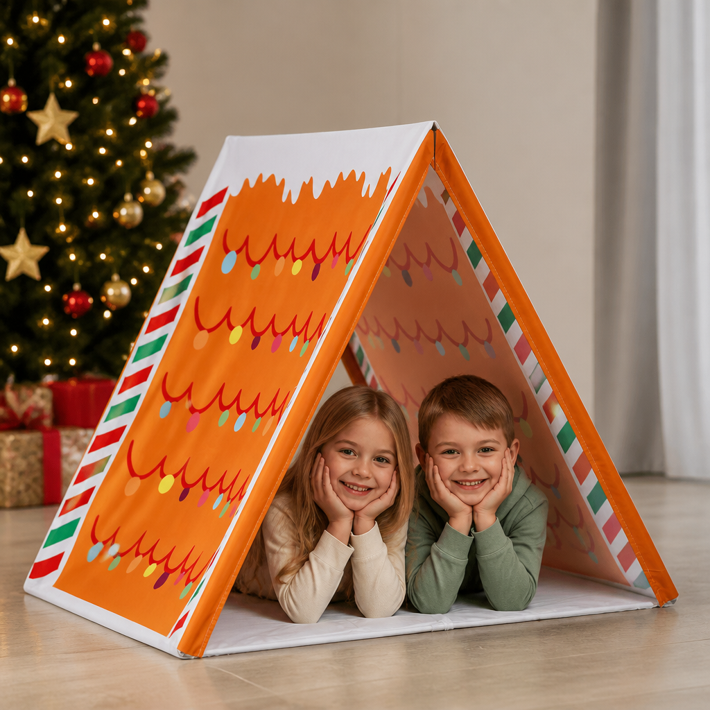 Weihnachtliches Spielzelt im Lebkuchenhaus-Design für Kinder