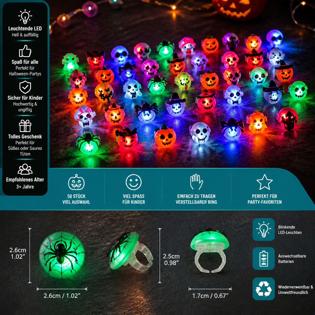 50er-Pack blinkende LED-Halloween-Ringe für Kinderpartys & Süßigkeitentüten