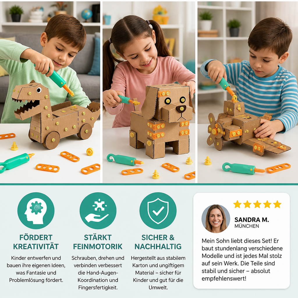 Sicheres 100-teiliges MINT-Konstruktionsset aus Pappe mit Werkzeugset für Kinder