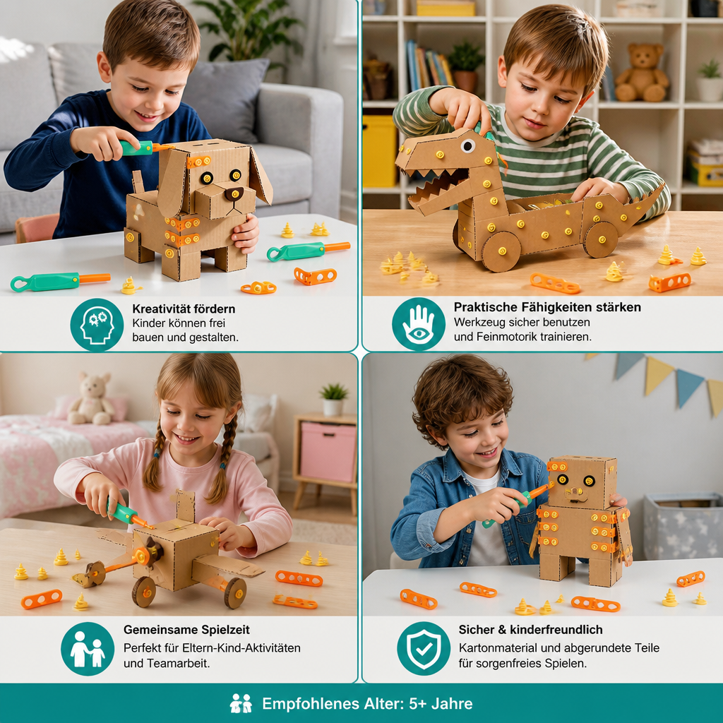 Sicheres 100-teiliges MINT-Konstruktionsset aus Pappe mit Werkzeugset für Kinder