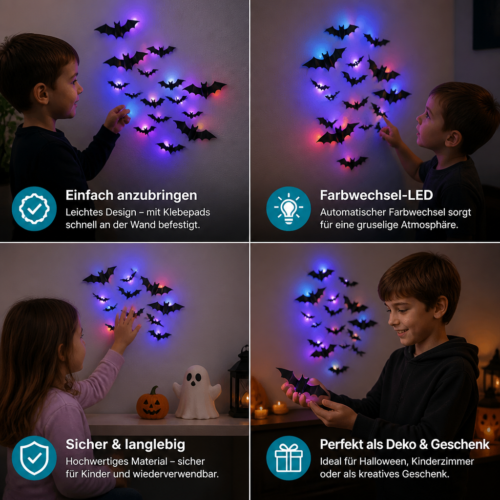 3D-LED-Halloween-Fledermaus-Wanddekoration mit Farbwechsel-Lichtern