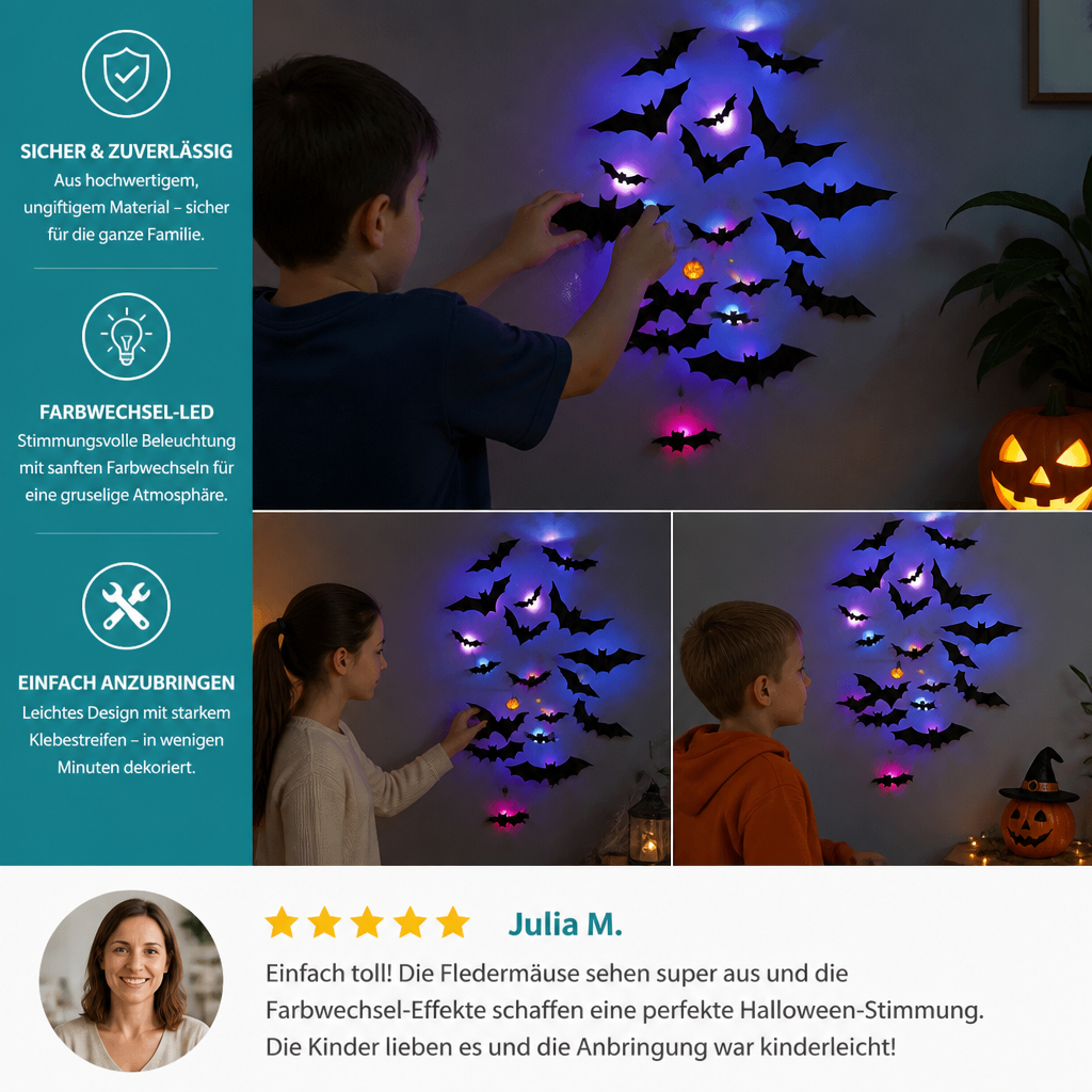 3D-LED-Halloween-Fledermaus-Wanddekoration mit Farbwechsel-Lichtern
