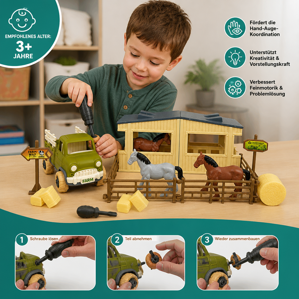 DIY zerlegbares Bauernhof-LKW- & Pferdestall-Spielset für Kinder