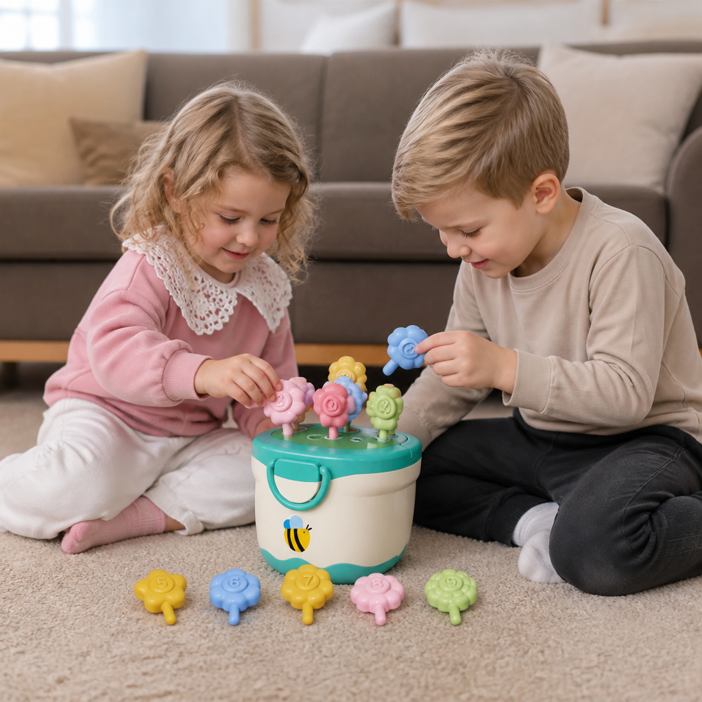 Montessori-Lernspiel mit Blumentopf zum Zuordnen von Farben & Zahlen