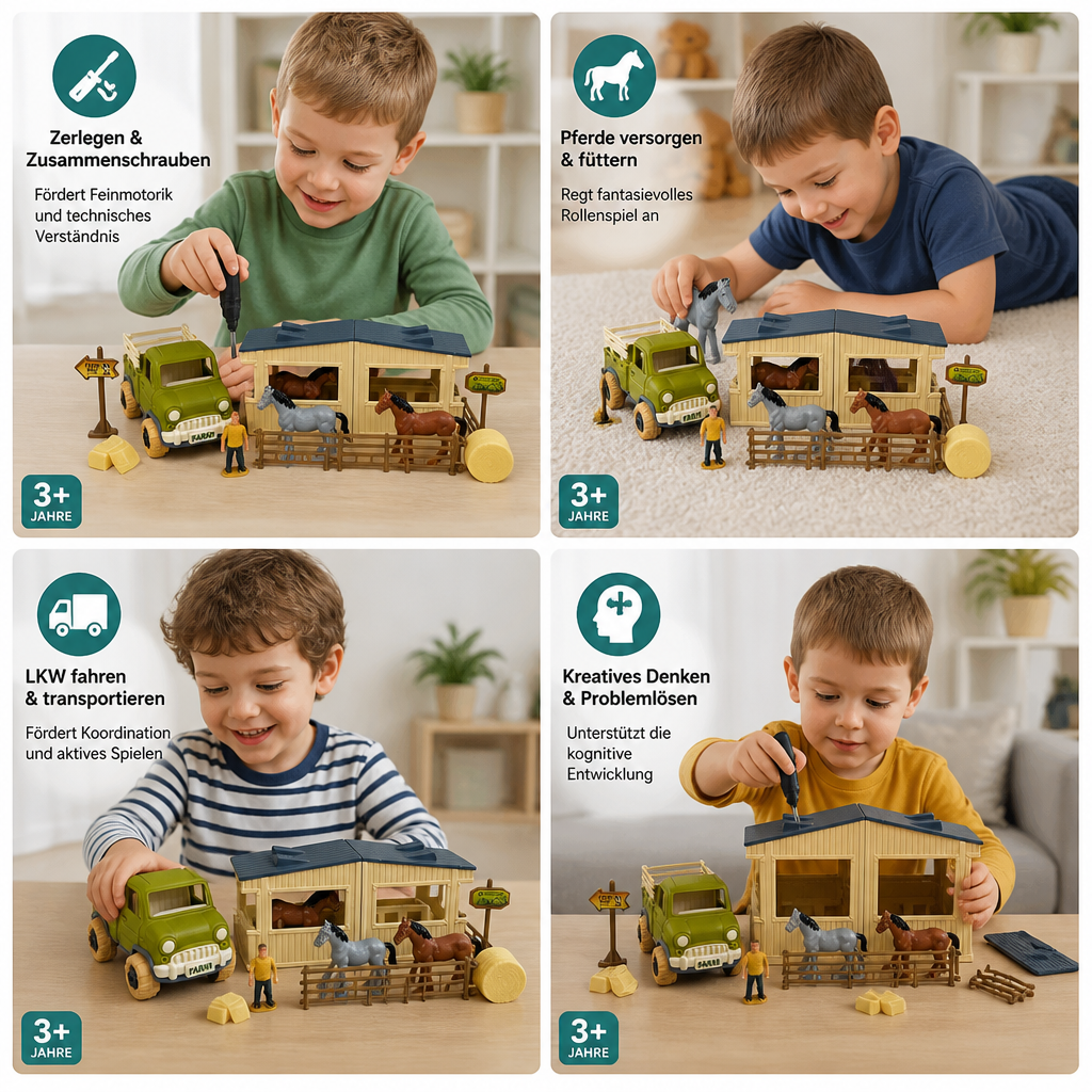 DIY zerlegbares Bauernhof-LKW- & Pferdestall-Spielset für Kinder